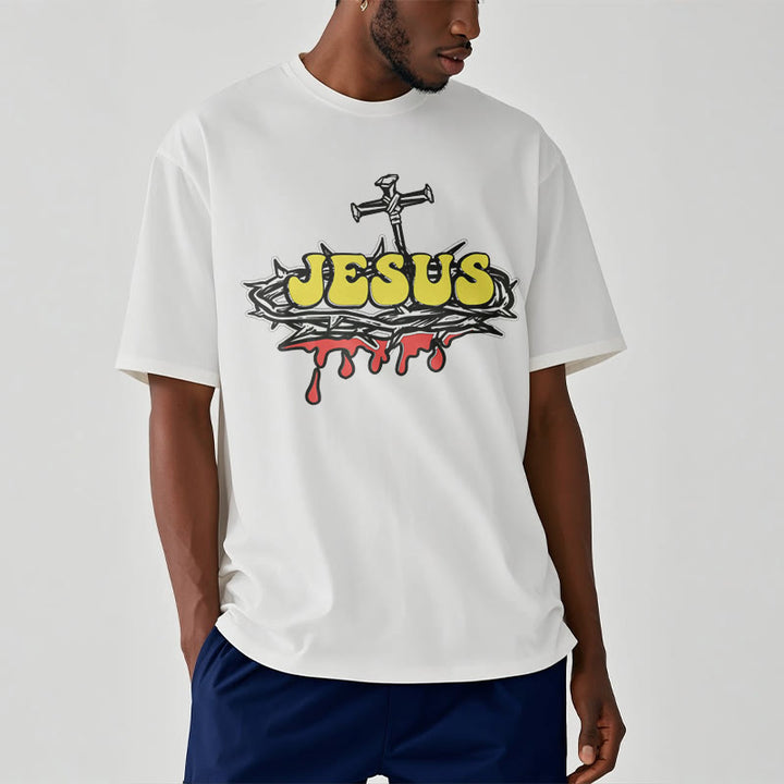 Christianartworkshop Streetwear Style Jesus Crown Of Thorns Short Sleeve Washed T-shirt