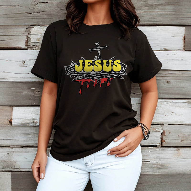 Christianartworkshop Streetwear Style Jesus Crown Of Thorns Short Sleeve Washed T-shirt