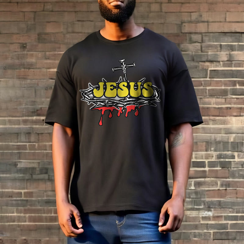 Christianartworkshop Streetwear Style Jesus Crown Of Thorns Short Sleeve Washed T-shirt