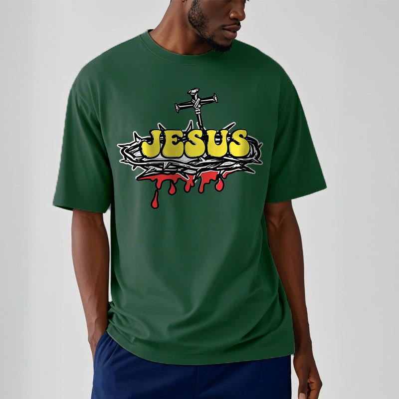 Christianartworkshop Streetwear Style Jesus Crown Of Thorns Short Sleeve Washed T-shirt