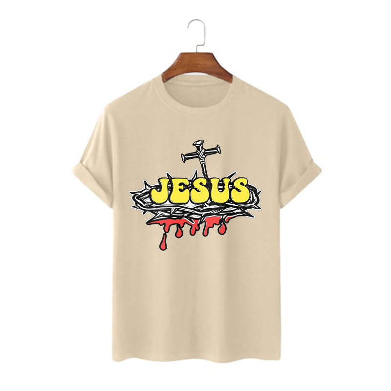 Christianartworkshop Streetwear Style Jesus Crown Of Thorns Short Sleeve Washed T-shirt