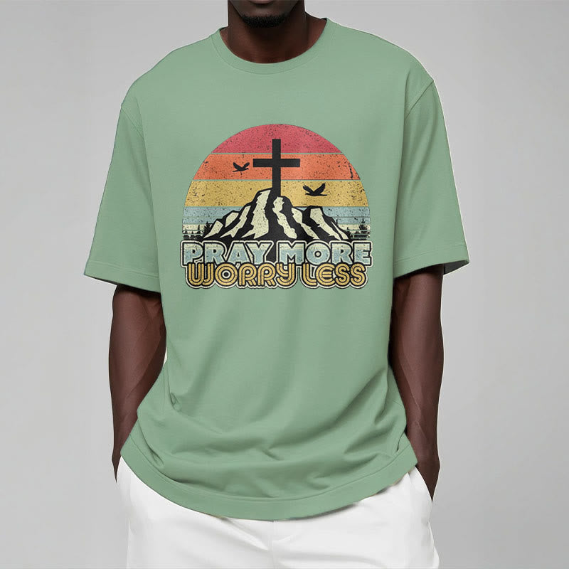 Christianartworkshop Classic Style Pray More Worry Less Short Sleeve Washed T-shirt