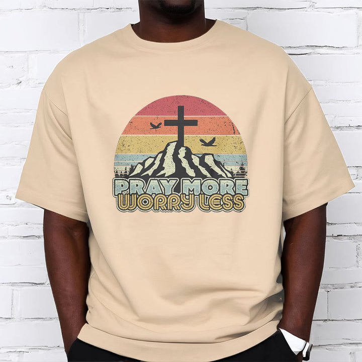 Christianartworkshop Classic Style Pray More Worry Less Short Sleeve Washed T-shirt