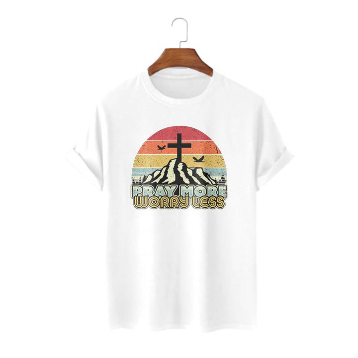 Christianartworkshop Classic Style Pray More Worry Less Short Sleeve Washed T-shirt