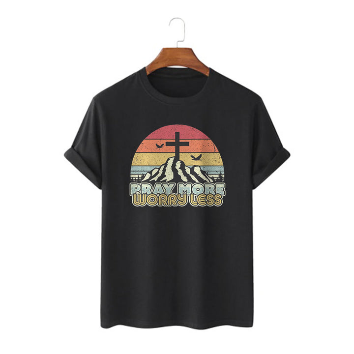 Christianartworkshop Classic Style Pray More Worry Less Short Sleeve Washed T-shirt