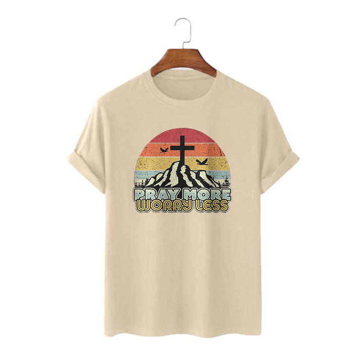 Christianartworkshop Classic Style Pray More Worry Less Short Sleeve Washed T-shirt