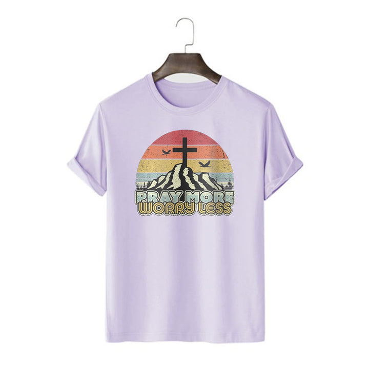 Christianartworkshop Classic Style Pray More Worry Less Short Sleeve Washed T-shirt