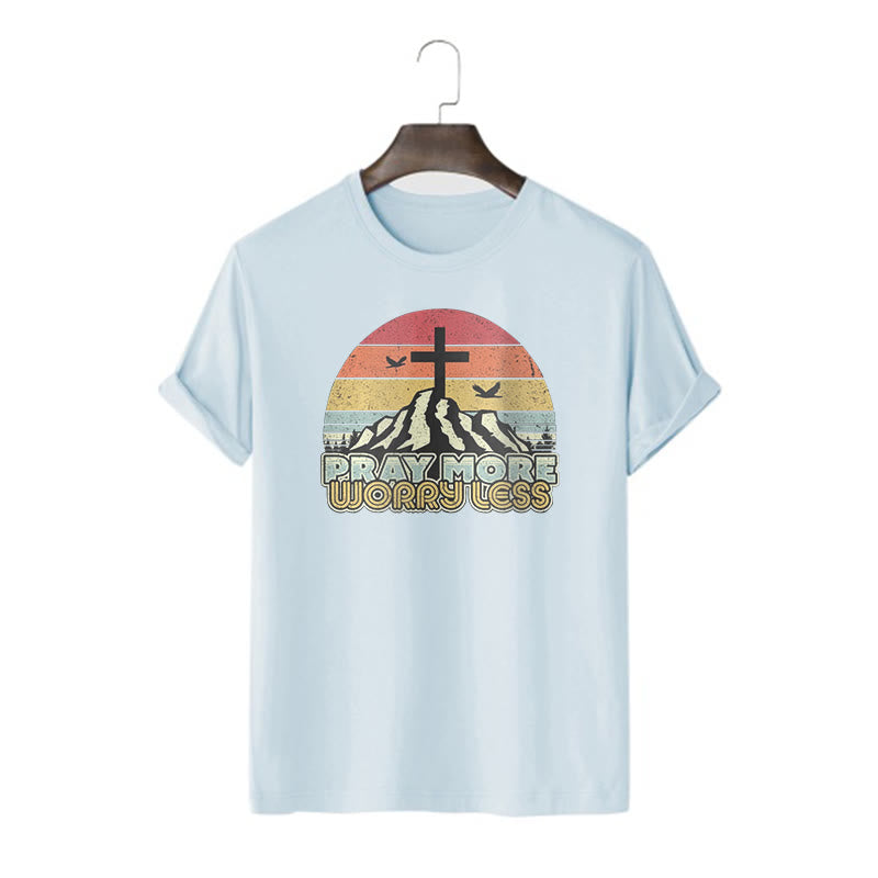 Christianartworkshop Classic Style Pray More Worry Less Short Sleeve Washed T-shirt