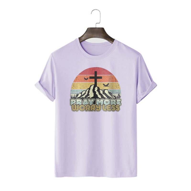 Christianartworkshop Classic Style Pray More Worry Less Short Sleeve Washed T-shirt