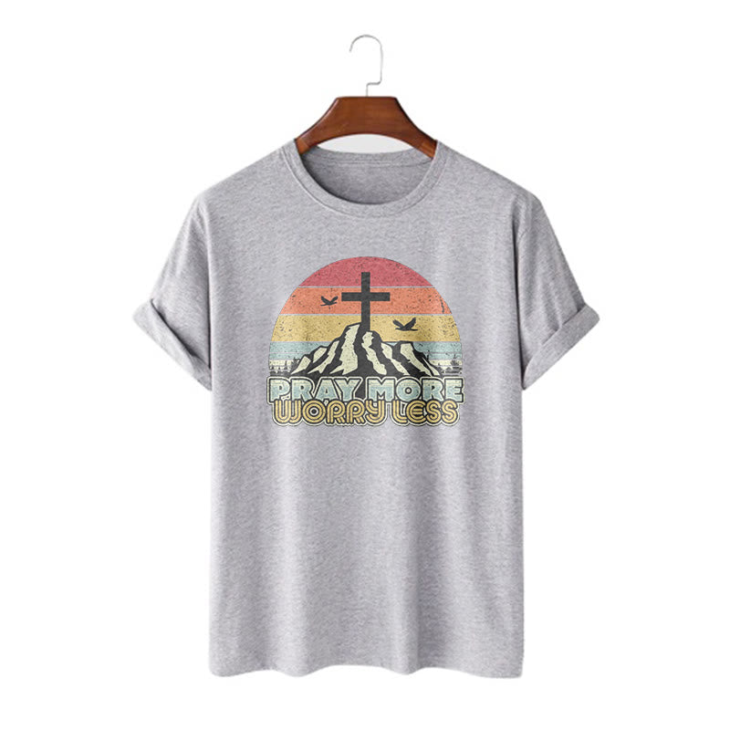 Christianartworkshop Classic Style Pray More Worry Less Short Sleeve Washed T-shirt