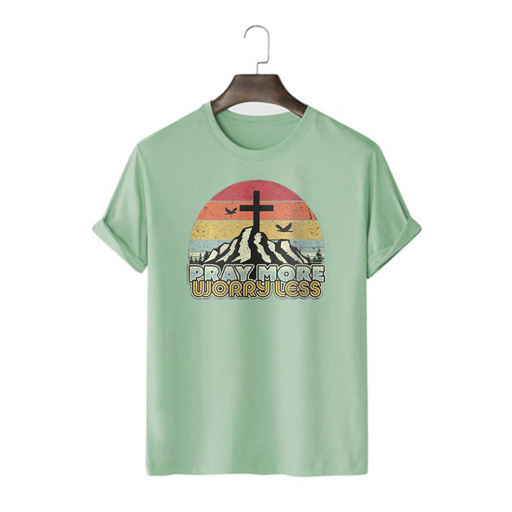 Christianartworkshop Classic Style Pray More Worry Less Short Sleeve Washed T-shirt