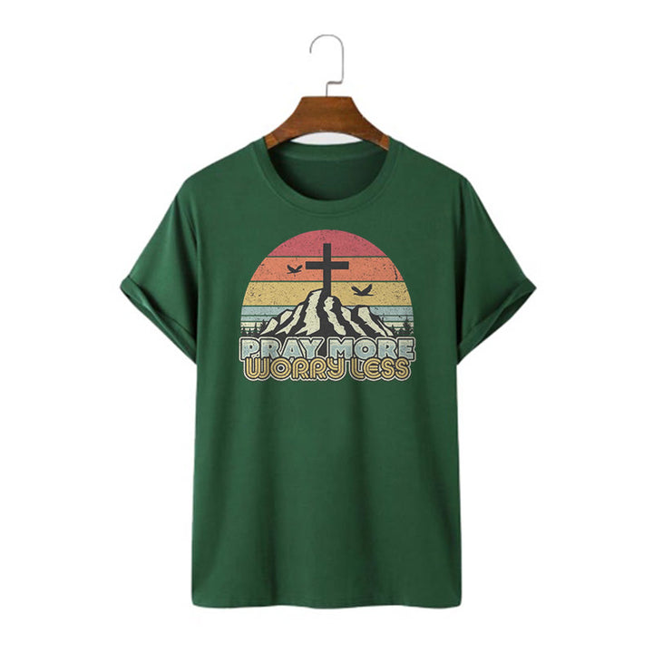 Christianartworkshop Classic Style Pray More Worry Less Short Sleeve Washed T-shirt