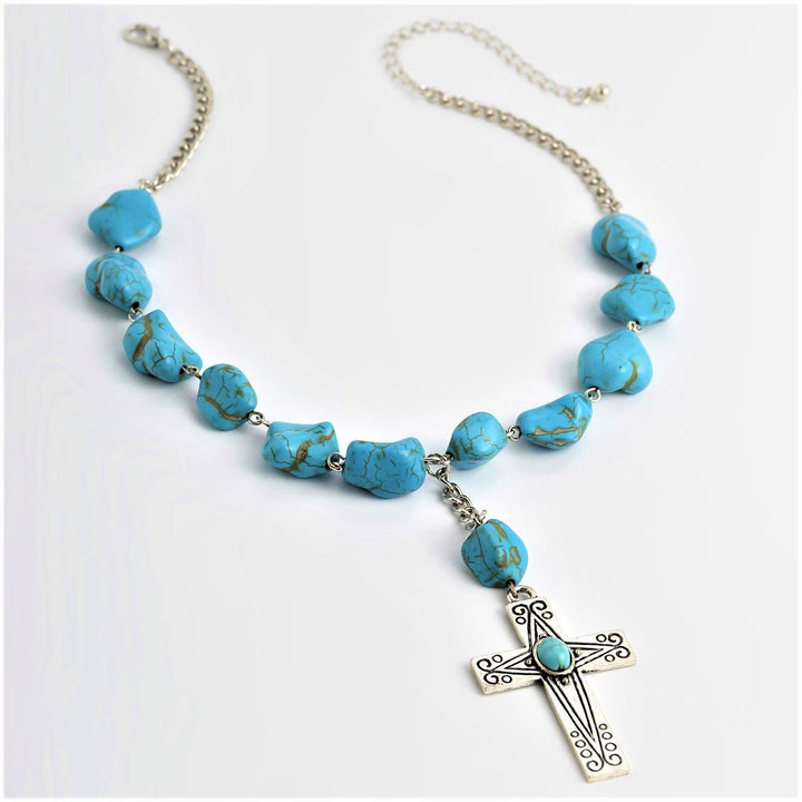 Christian Art Retro Style Turquoise Natural Stone Cross Pendant Necklace