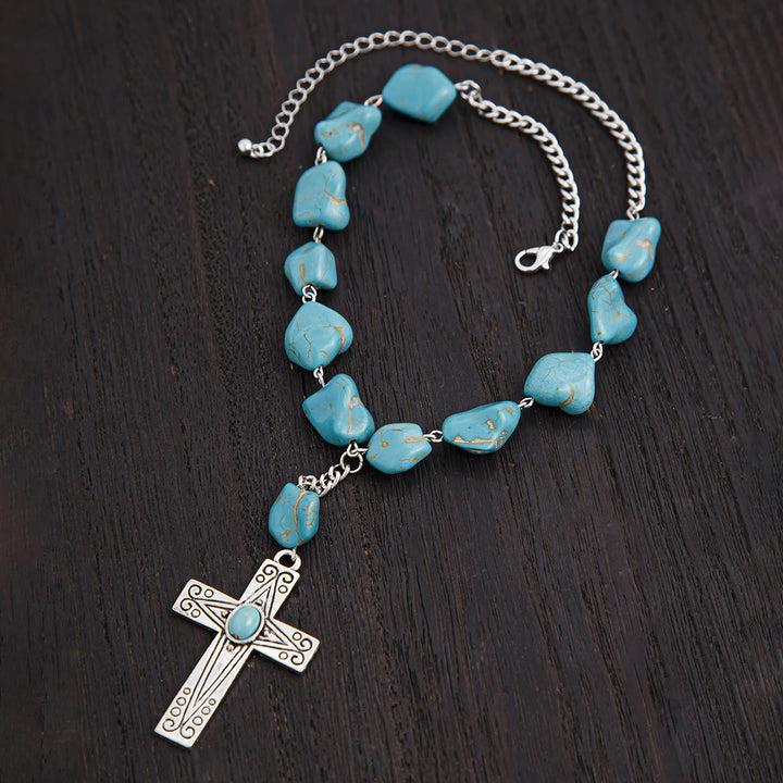 Christianartworkshop Retro Style Turquoise Natural Stone Cross Pendant Necklace