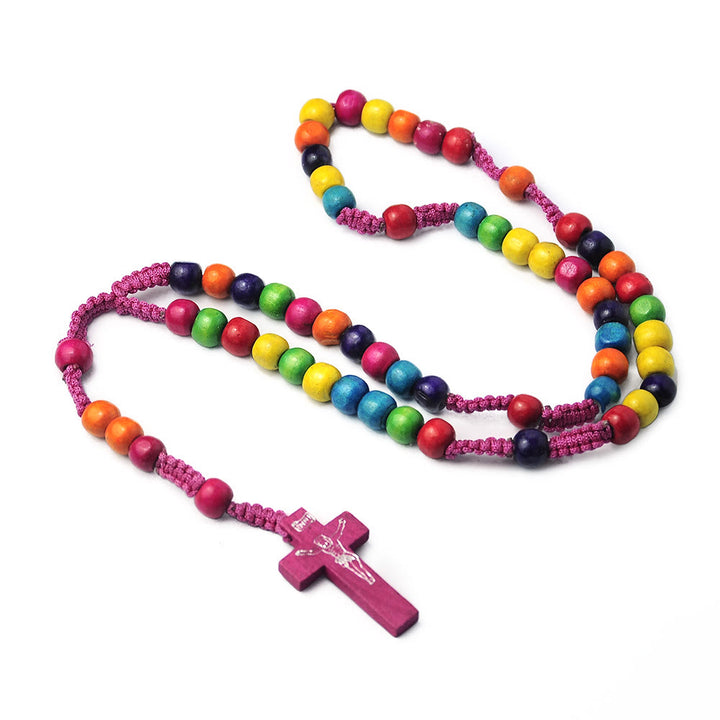 Christian Art Crucifix of 8 mm Round Multicolor Wood Nylon Cord Rosary