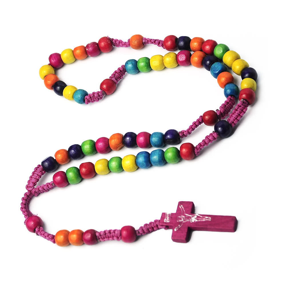 Christian Art Crucifix of 8 mm Round Multicolor Wood Nylon Cord Rosary