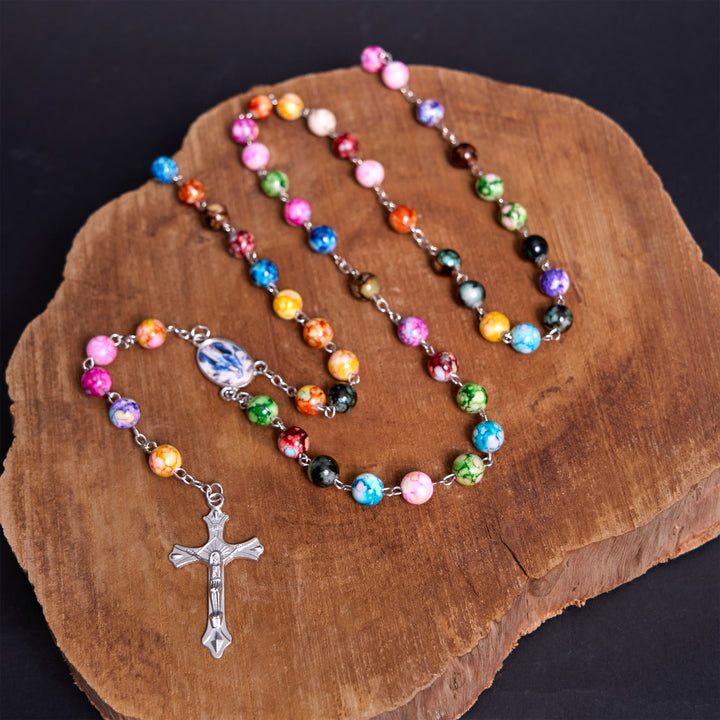 Christianartworkshop Assumption of Our Lady & Crucifix of 8 mm Round Multicolor Acrylic Alloy Chain Rosary