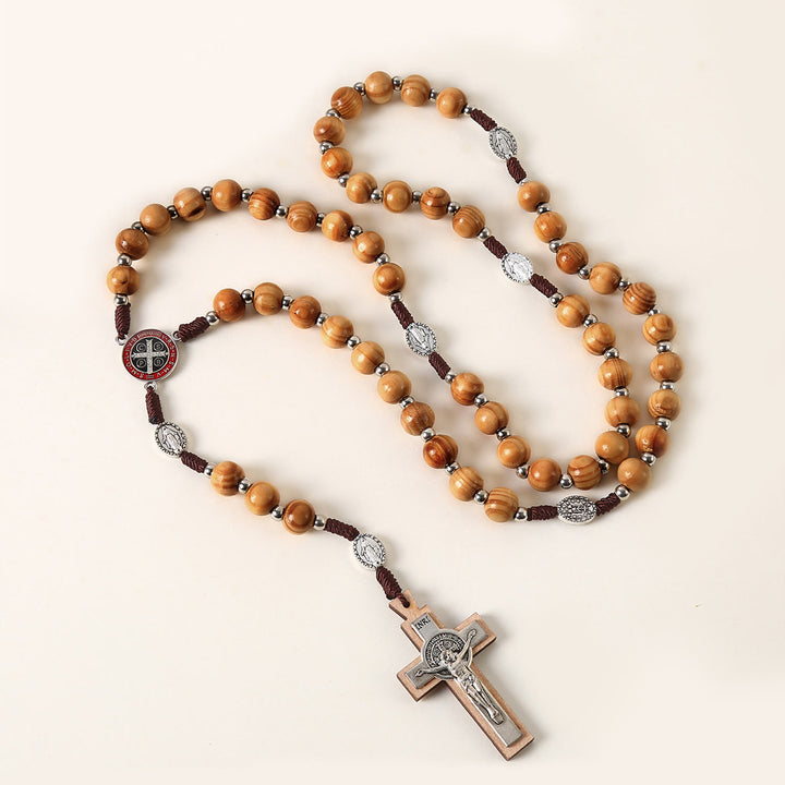 Christianartworkshop Miraculous Medal & St. Benedict Medal & Crucifix of 10 mm Round Brown Wood Nylon Cord Rosary