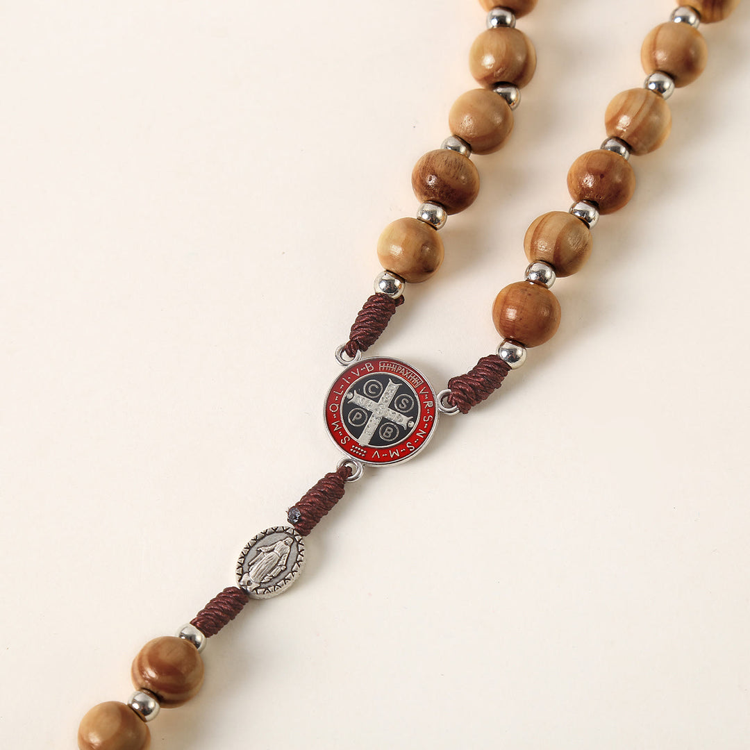 Christian Art Miraculous Medal & St. Benedict Medal & Crucifix of 10 mm Round Brown Wood Nylon Cord Rosary