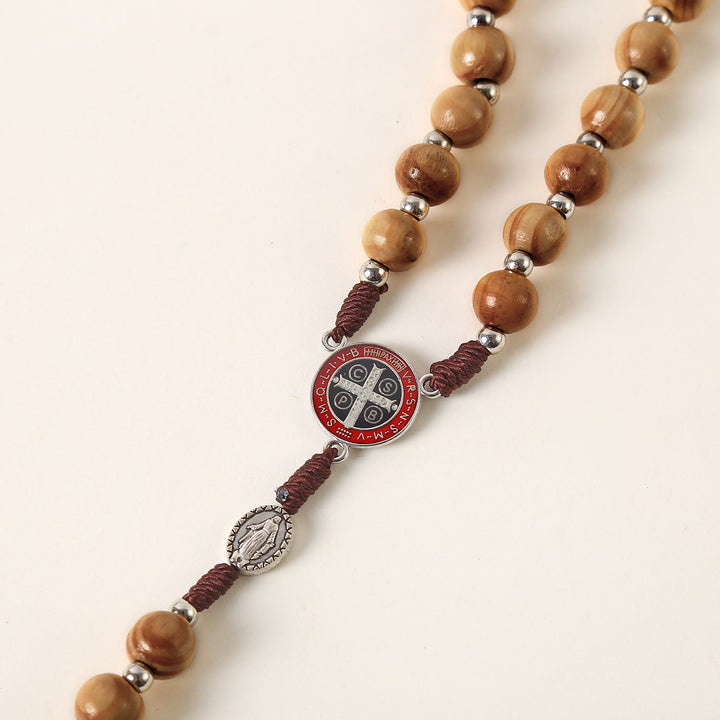 Christianartworkshop Miraculous Medal & St. Benedict Medal & Crucifix of 10 mm Round Brown Wood Nylon Cord Rosary