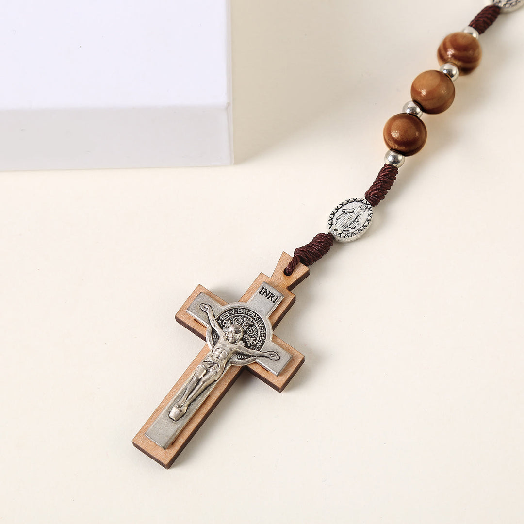 Christian Art Miraculous Medal & St. Benedict Medal & Crucifix of 10 mm Round Brown Wood Nylon Cord Rosary