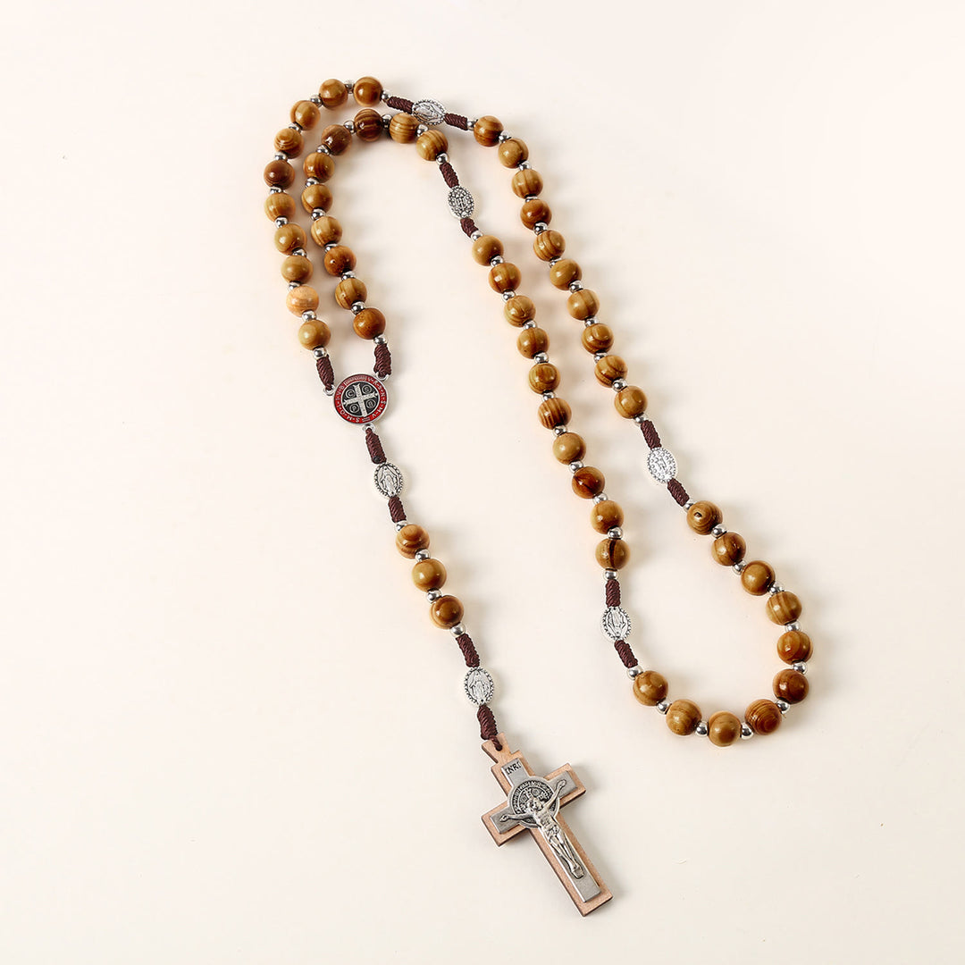 Christian Art Miraculous Medal & St. Benedict Medal & Crucifix of 10 mm Round Brown Wood Nylon Cord Rosary