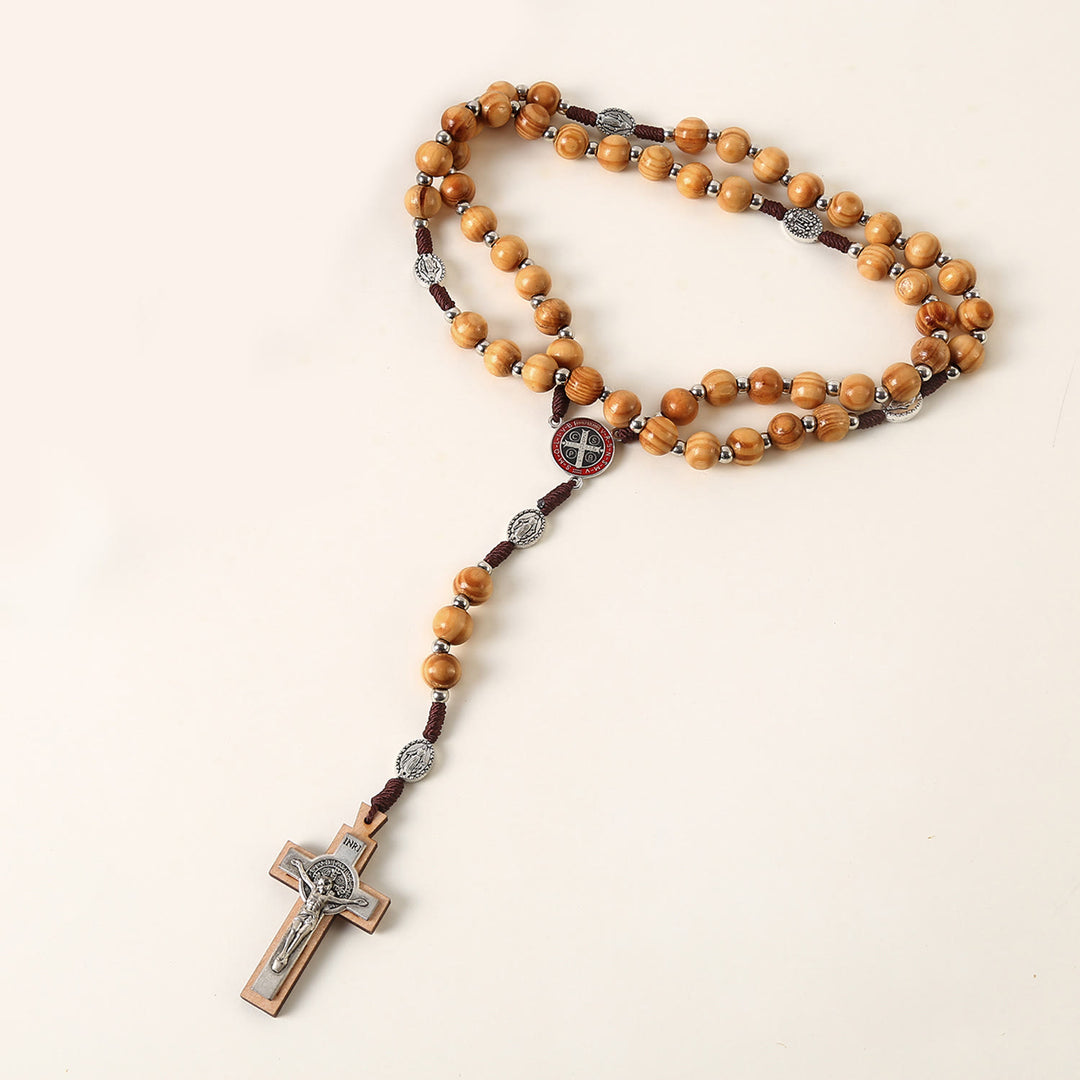 Christianartworkshop Miraculous Medal & St. Benedict Medal & Crucifix of 10 mm Round Brown Wood Nylon Cord Rosary