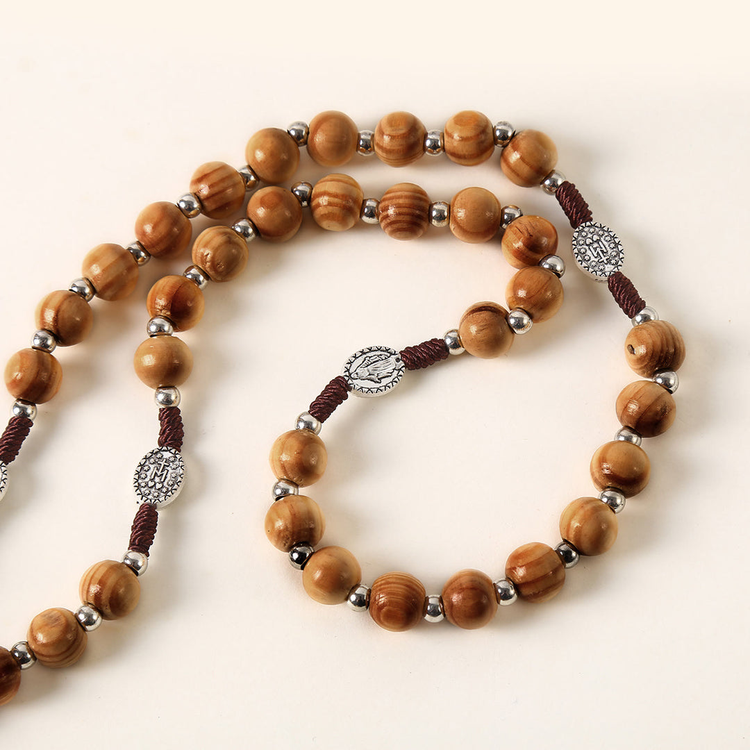 Christianartworkshop Miraculous Medal & St. Benedict Medal & Crucifix of 10 mm Round Brown Wood Nylon Cord Rosary