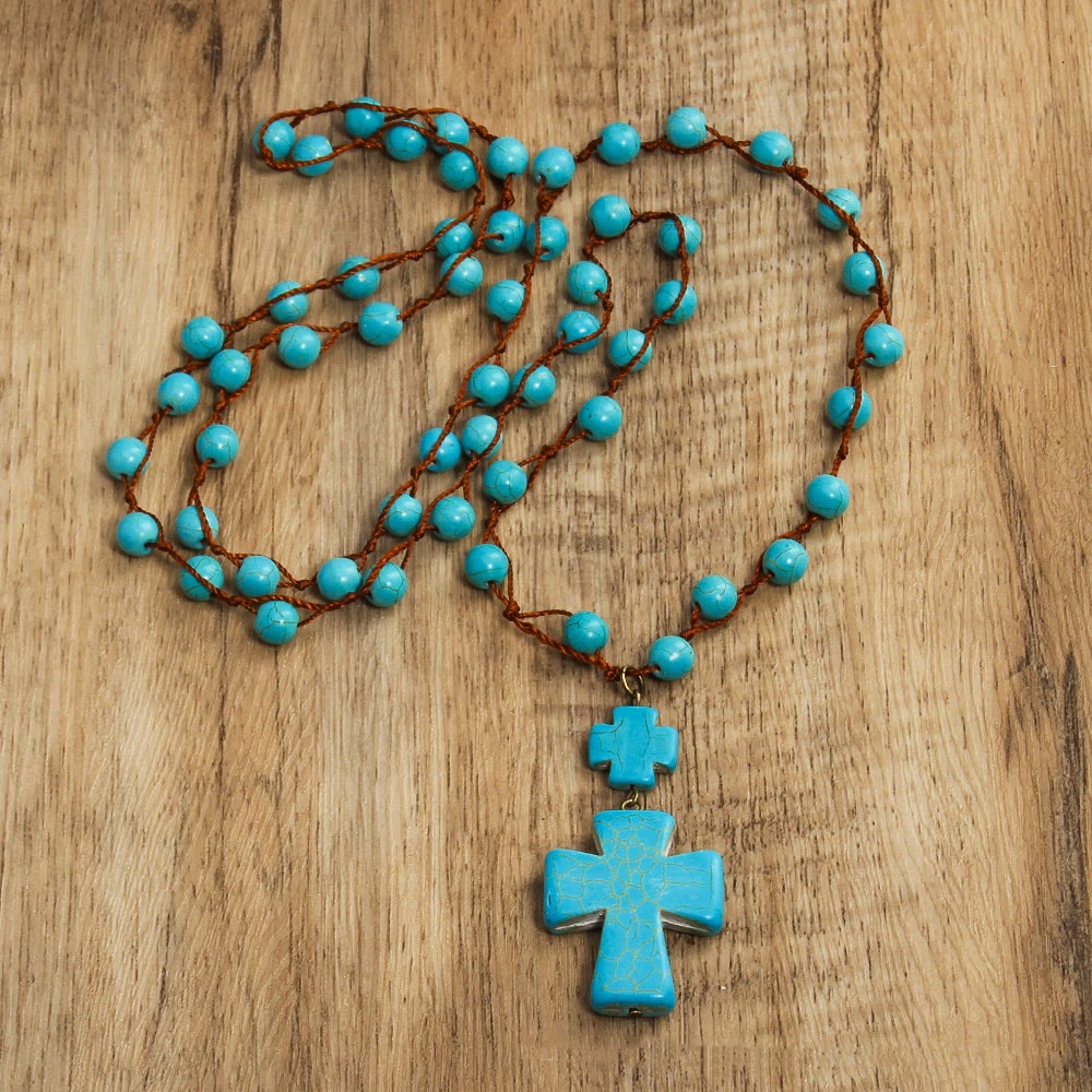 Christian Art Folk Style Turquoise Braided Cross Pendant Necklace