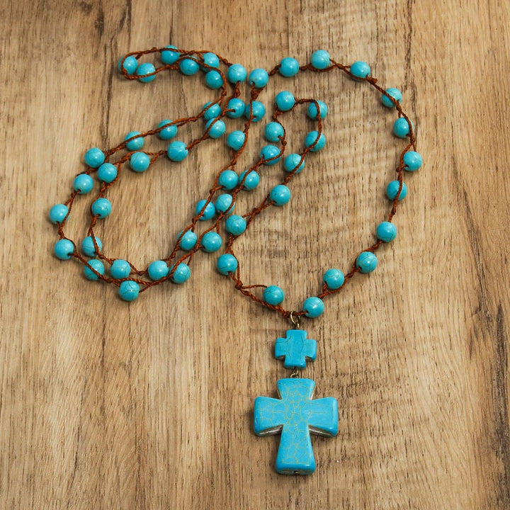 Christian Art Folk Style Turquoise Braided Cross Pendant Necklace