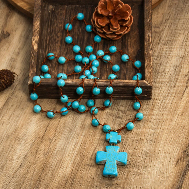 Christianartworkshop Folk Style Turquoise Braided Cross Pendant Necklace