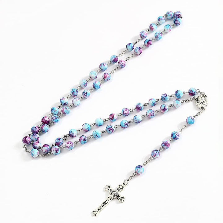 Christian Art Madonna and Child & Crucifix of 8 mm Round Multicolor Acrylic Alloy Chain Rosary