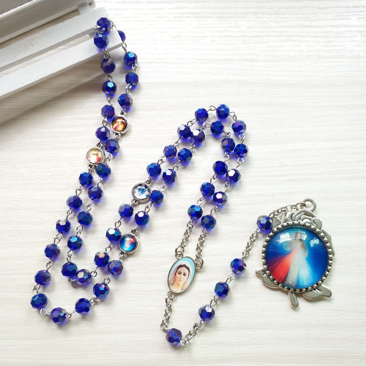 Christianartworkshop Our Lady of Fátima & Sacred Heart of Jesus of 6 mm Polyhedron Blue Crystal Alloy Chain Rosary