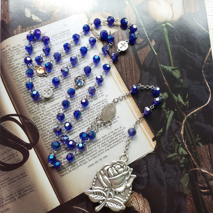 Christianartworkshop Our Lady of Fátima & Sacred Heart of Jesus of 6 mm Polyhedron Blue Crystal Alloy Chain Rosary