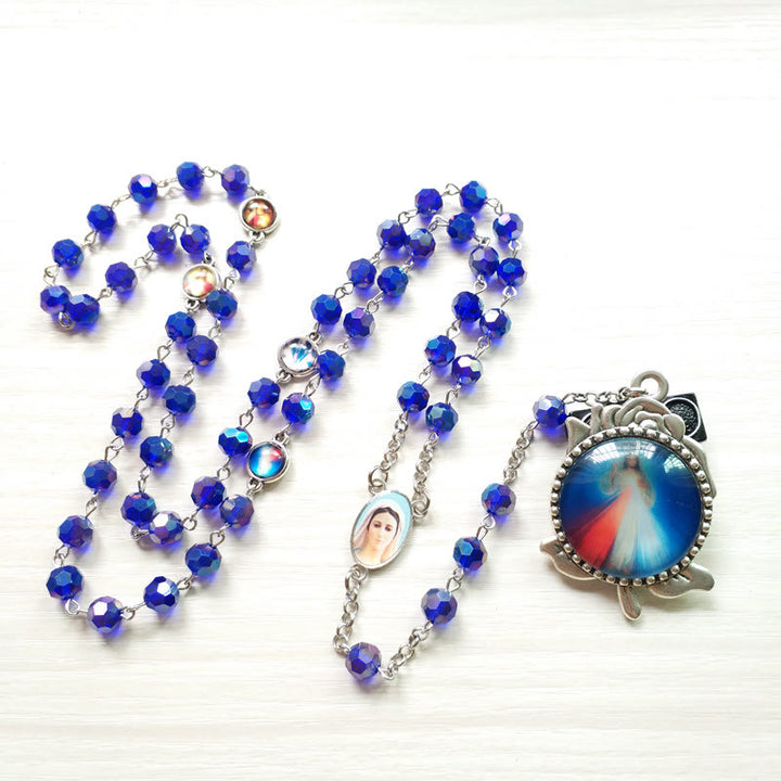 Christianartworkshop Our Lady of Fátima & Sacred Heart of Jesus of 6 mm Polyhedron Blue Crystal Alloy Chain Rosary