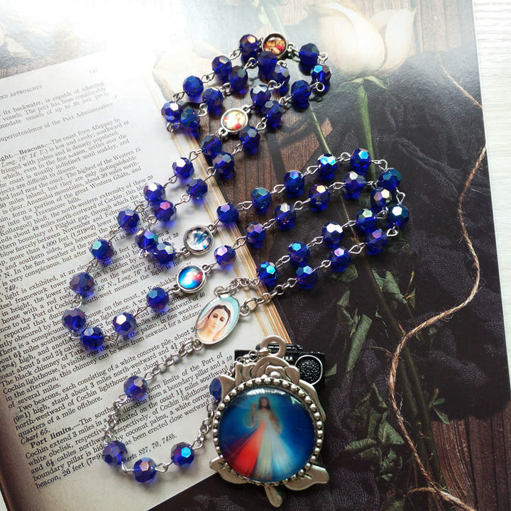 Christianartworkshop Our Lady of Fátima & Sacred Heart of Jesus of 6 mm Polyhedron Blue Crystal Alloy Chain Rosary