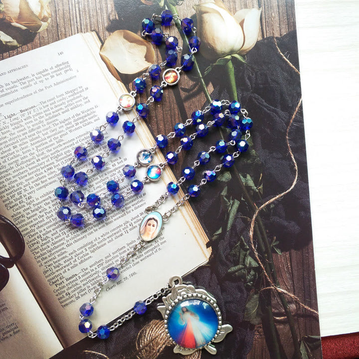 Christianartworkshop Our Lady of Fátima & Sacred Heart of Jesus of 6 mm Polyhedron Blue Crystal Alloy Chain Rosary