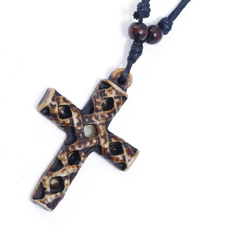 Christian Art Classic Style Resin Cross Wax Thread Pendant Necklace