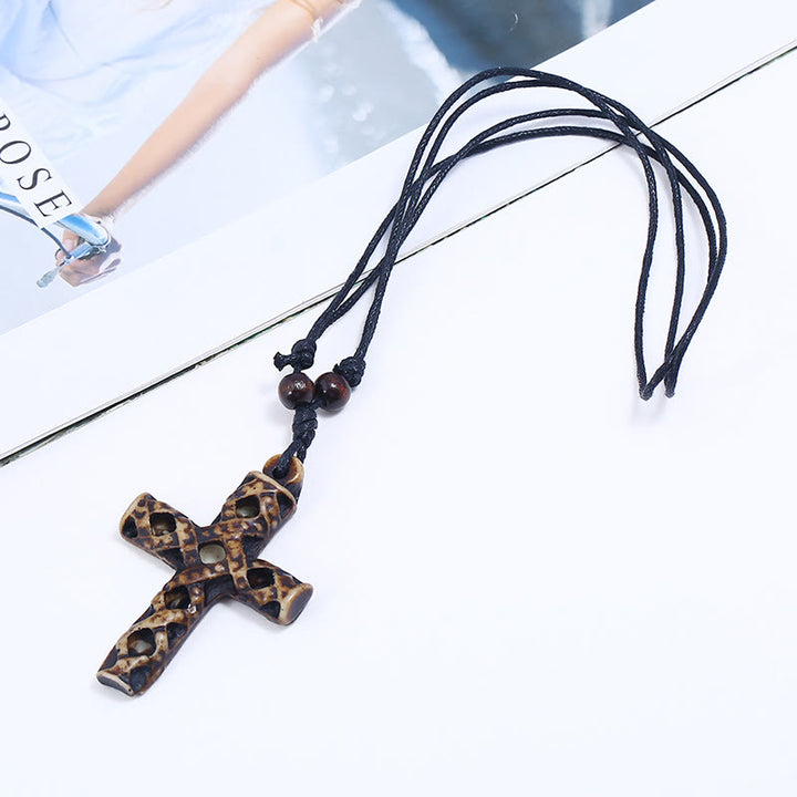 Christian Art Classic Style Resin Cross Wax Thread Pendant Necklace