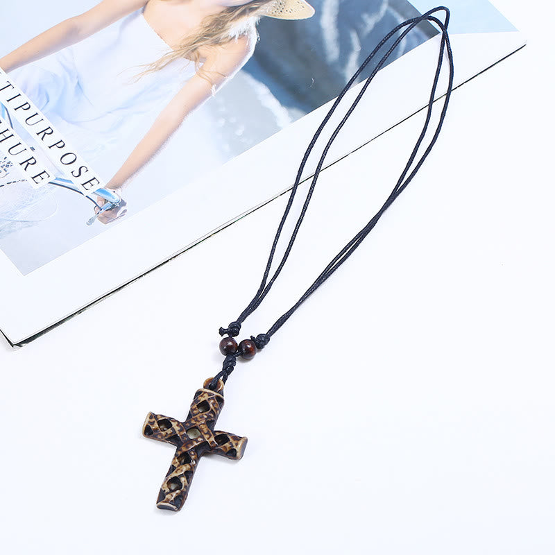 Christian Art Classic Style Resin Cross Wax Thread Pendant Necklace