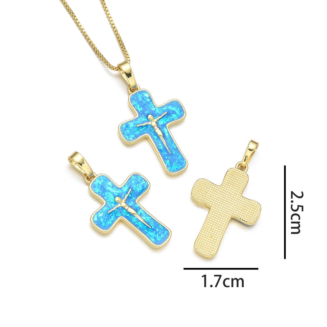 Christianartworkshop Minimalist Style Crucifixion Coppering Pendant Necklace - Peacock blue B - image 5