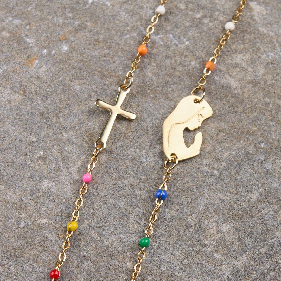 Christian Art Fresh Elegant Style Colorful Clavicle Chain Necklace with Cross & 5 Medals Options