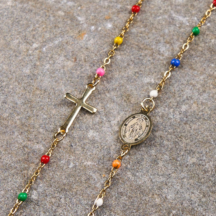 Christian Art Fresh Elegant Style Colorful Clavicle Chain Necklace with Cross & 5 Medals Options