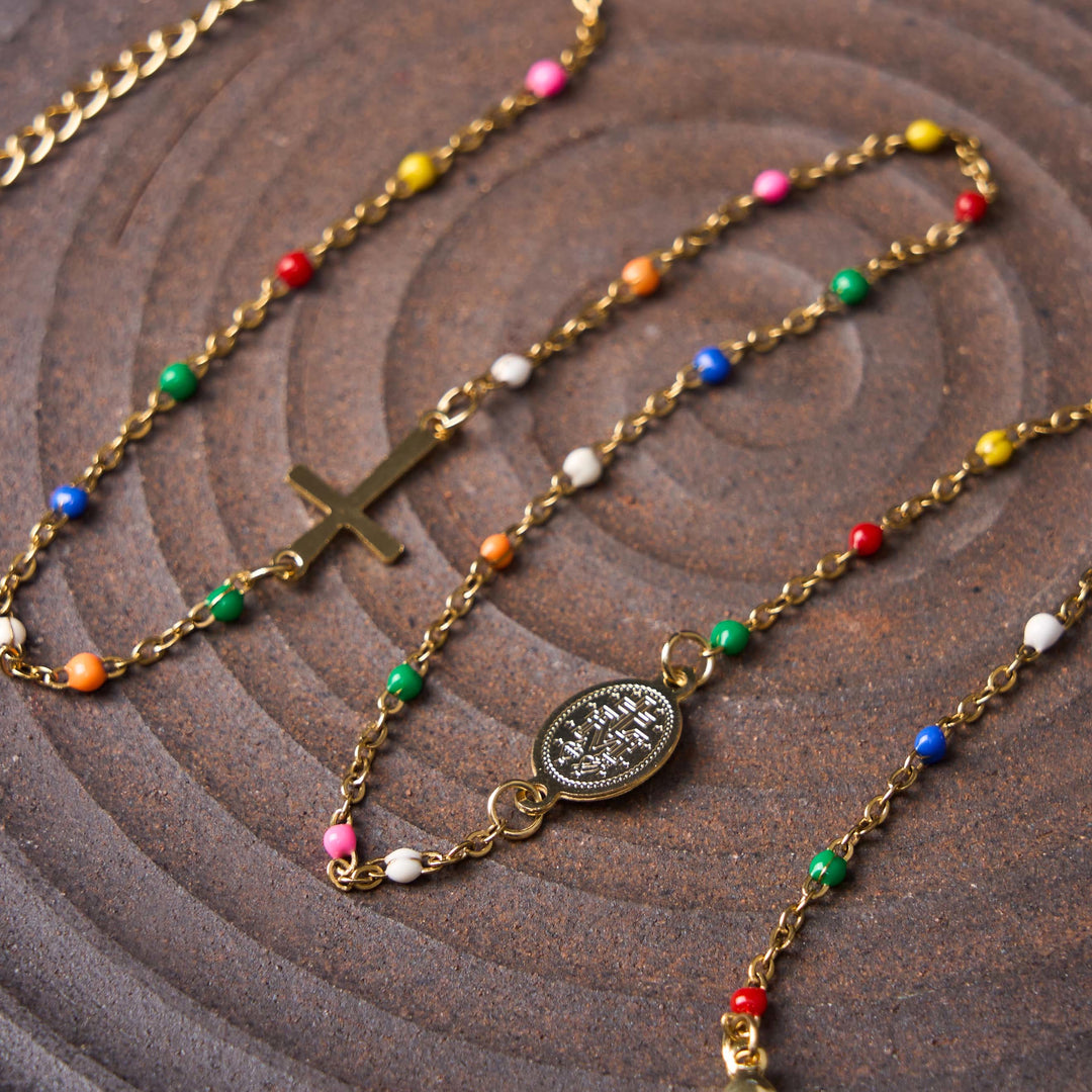 Christian Art Fresh Elegant Style Colorful Clavicle Chain Necklace with Cross & 5 Medals Options