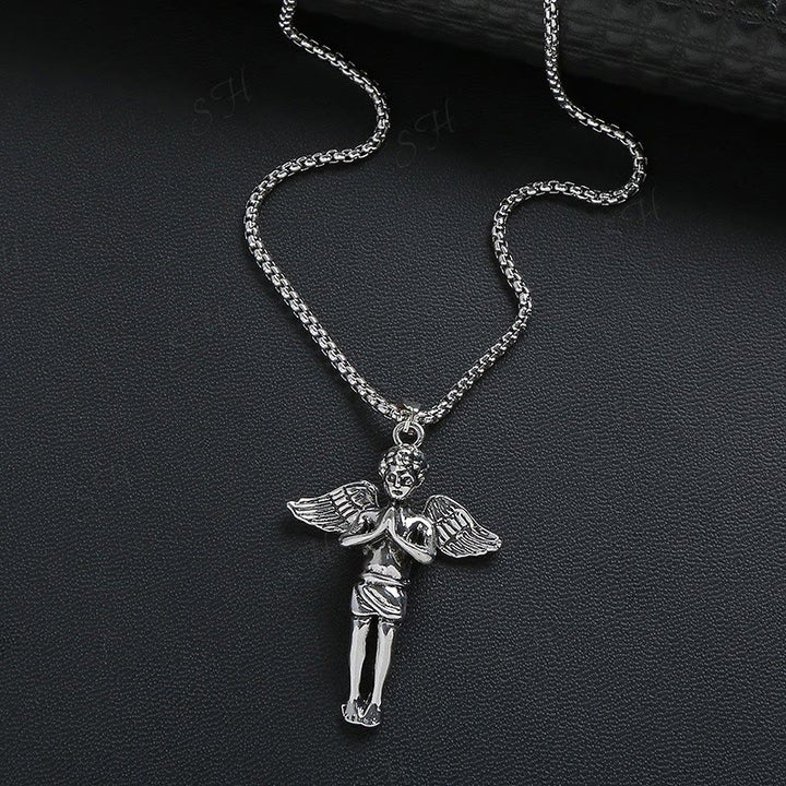 Christian Art Retro Hip-hop Style Short Wings Angel Alloy Pendant Necklace