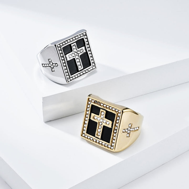 Christianartworkshop Retro Hip-hop Style Cross Titanium Steel Square Ring