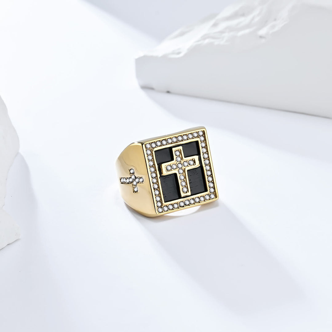 Christianartworkshop Retro Hip-hop Style Cross Titanium Steel Square Ring