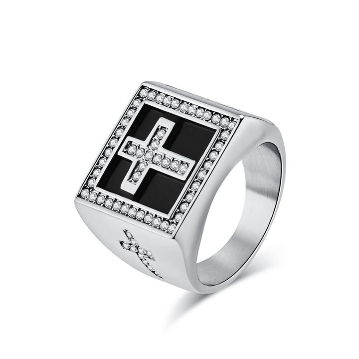 Christian Art Retro Hip-hop Style Cross Titanium Steel Square Ring