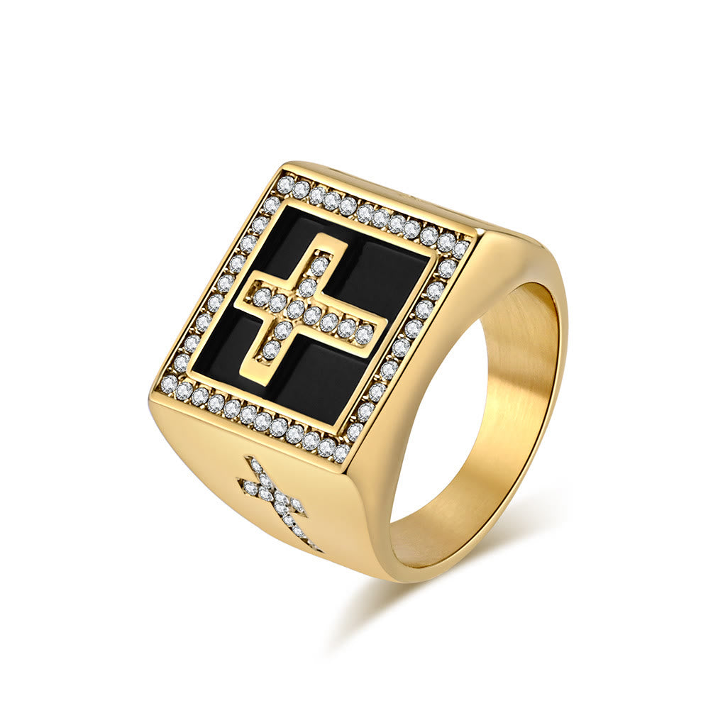 Christian Art Retro Hip-hop Style Cross Titanium Steel Square Ring