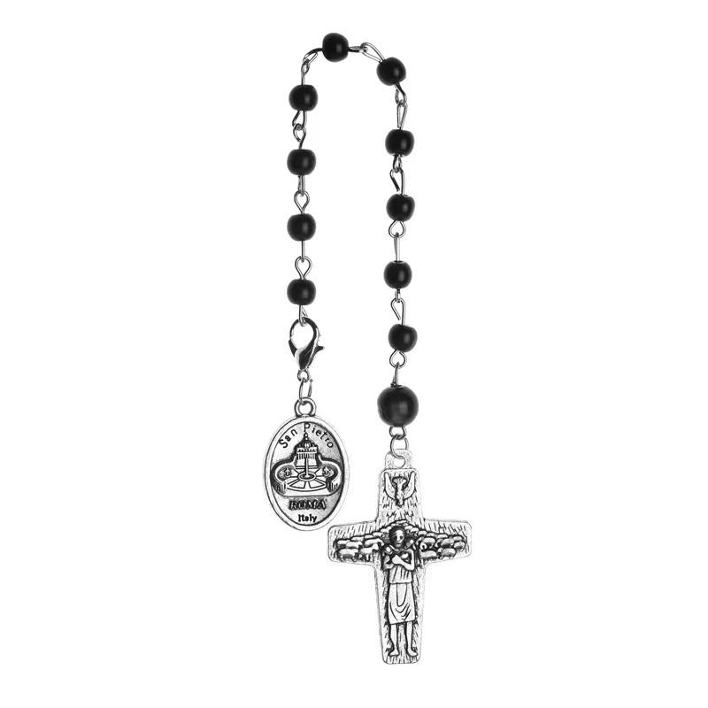 Christianartworkshop Retro Style Crucifix and St. Peter's Basilica Badge Black Beads Prayer Rosary